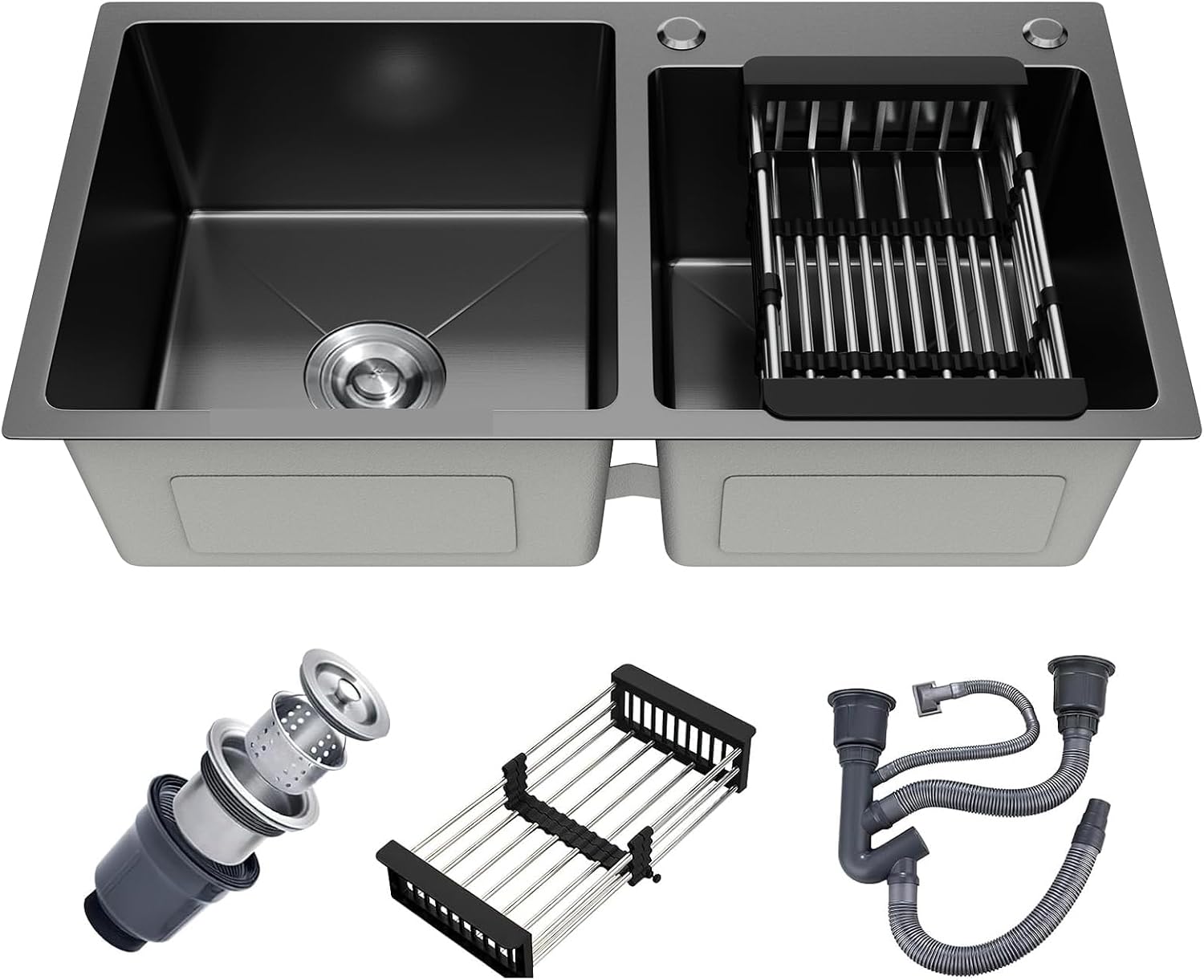 30-inch Black Kitchen Sink, Double Bowl Drop-in/Top-Mount 304 Stainless Steel with Nano Coating, Includes Drain Assembly & Fruit Basket for Modern Kitchen (30.7' x 16.9')