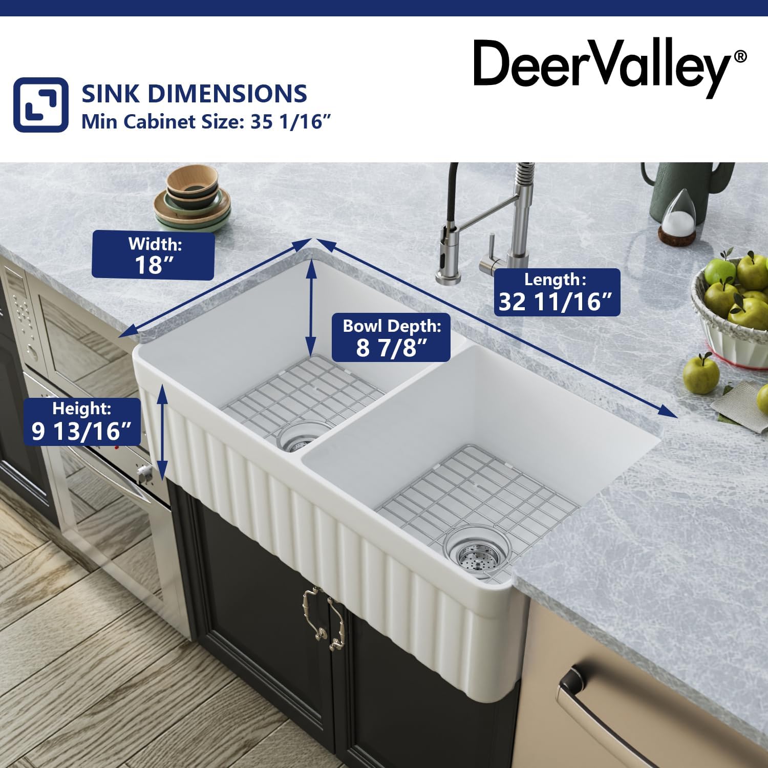 DeerValley Double Bowl Farmhouse Kitchen Sink 33 Inch, Fireclay Farm Sinks, Reversible Apron Front Deep Drop In Kitchen Sinks with Bottom Grid and Strainer
