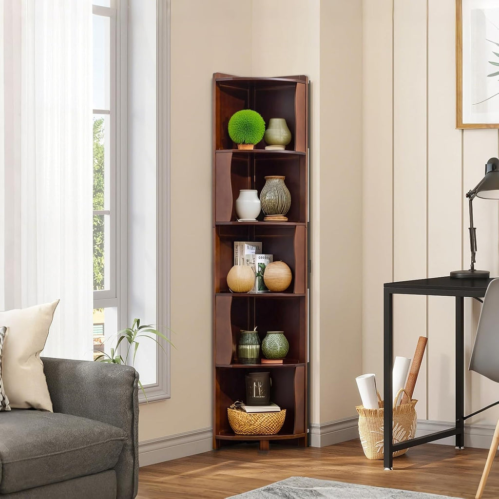 5-Tier Bamboo Corner Shelf Freestanding Fan-Shaped Storage Rack, Space-Saving Corner Cabinet for Living Room or Bedroom, Easy to Assemble, Dark Walnut