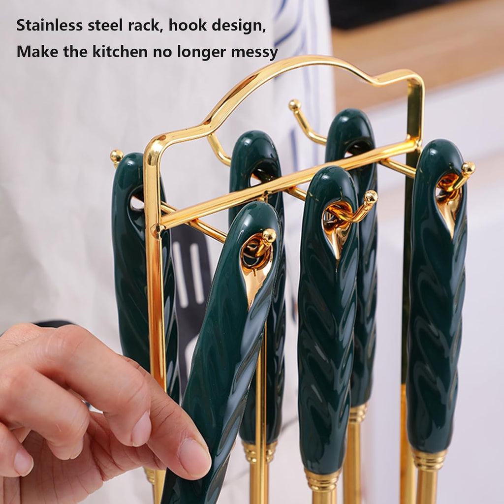 7 Pieces Ceramic Handle Stainless Steel Kitchenware Cooking Utensils Kitchen Utensils Set with Holder Include Slotted Spoon Slotted Spatula Large Spoon Soup L,Pink-Large