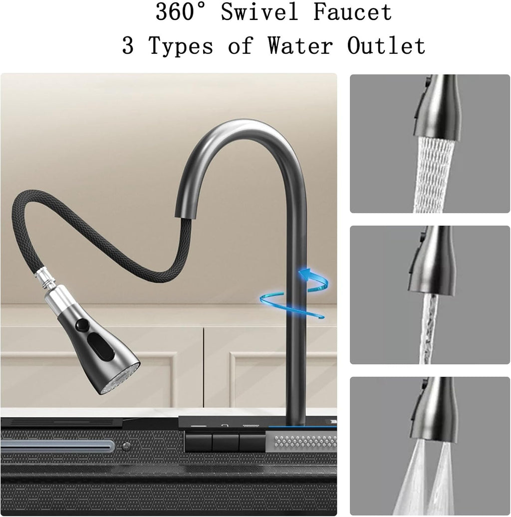 Kitchen Sink 304 Stainless Steel Undermount Sink Drop in Single Bowl Kitchen Sinks, With Pull Down Sprayhead Faucet, With Pressurized Cup Washer and Two Waterfalls (31.5 x 18.1 inch)