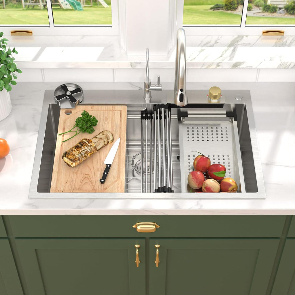 33x22 Drop In Stainless Steel Kitchen Sink with Faucet, Single Bowl Topmount Sink 16 Gauge, Waterfall Feature & Cup Washer, Workstation Accessories for Residential Kitchen #TLWF-0002