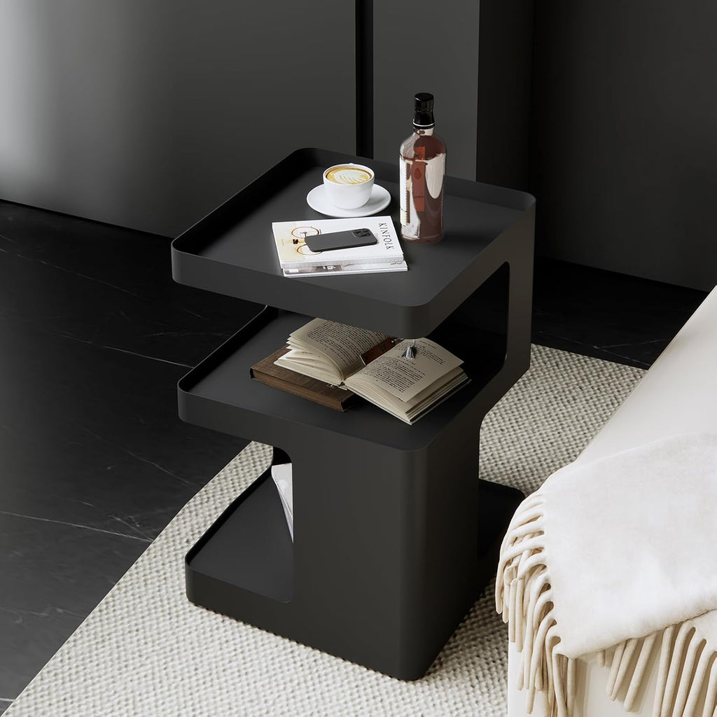 Black Side Table,Modern end Table for Sofa & Couch,3-Tier Metal nightstand,Small Bedside Table with Storage for Bedroom,Living Room,Small Space.No Assembly Required