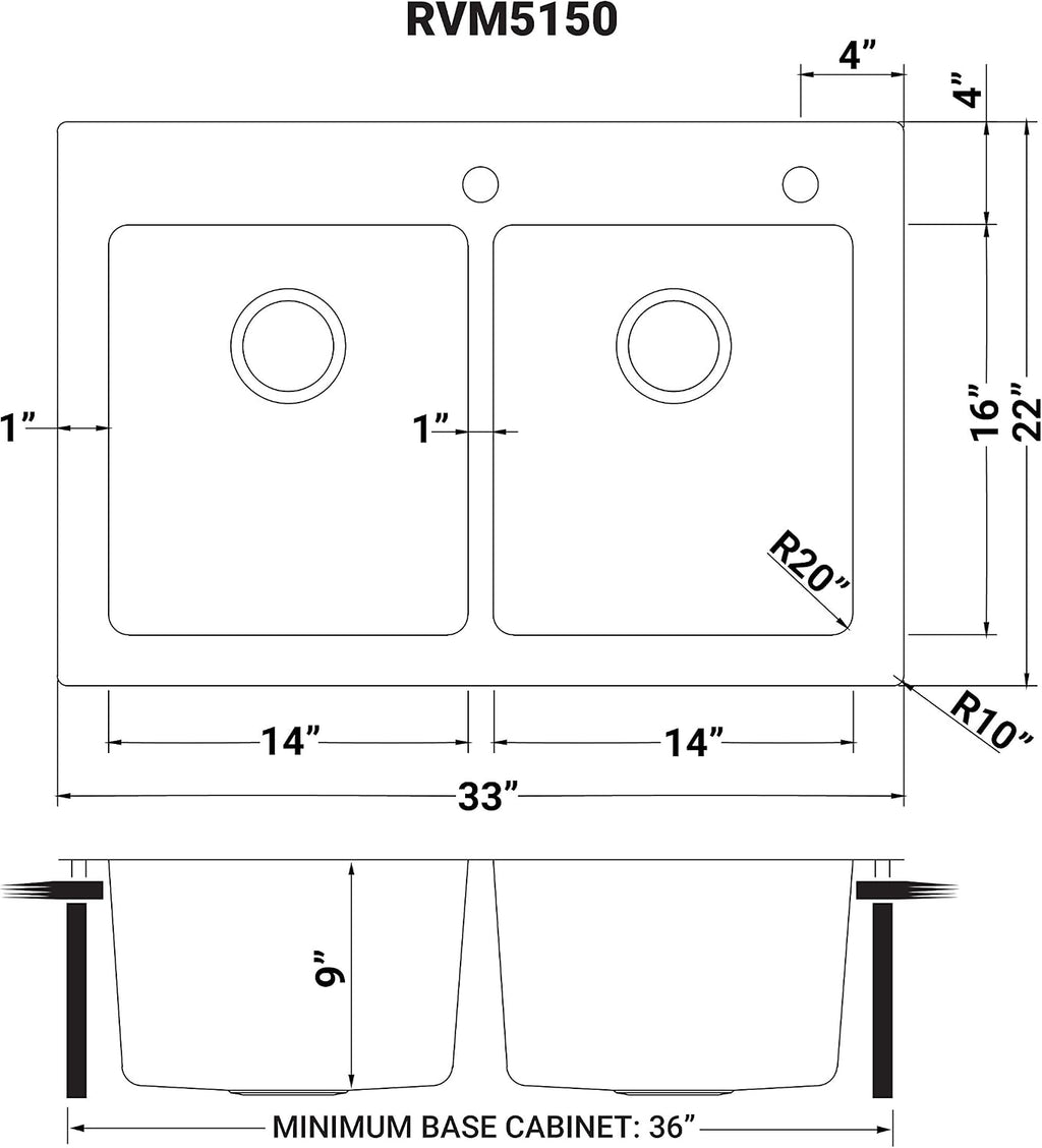 Ruvati 33 x 22 inch Topmount Kitchen Sink – 50/50 Double Bowl Kitchen Sinks, 16 Gauge T-304 Stainless Steel Kitchen sink, Drop-in Sink, Brushed Finish – RVM5150