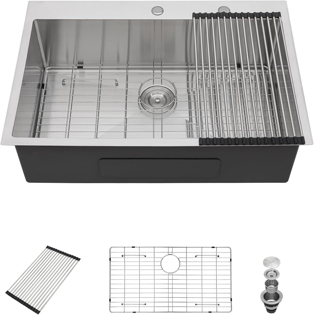 30 Inch Drop In Kitchen Sink, 30'x22'x9' Topmount Stainless Steel Kitchen Sinks With 16 Gauge 304 Single Bowl Sink R10 Round Corner Basin