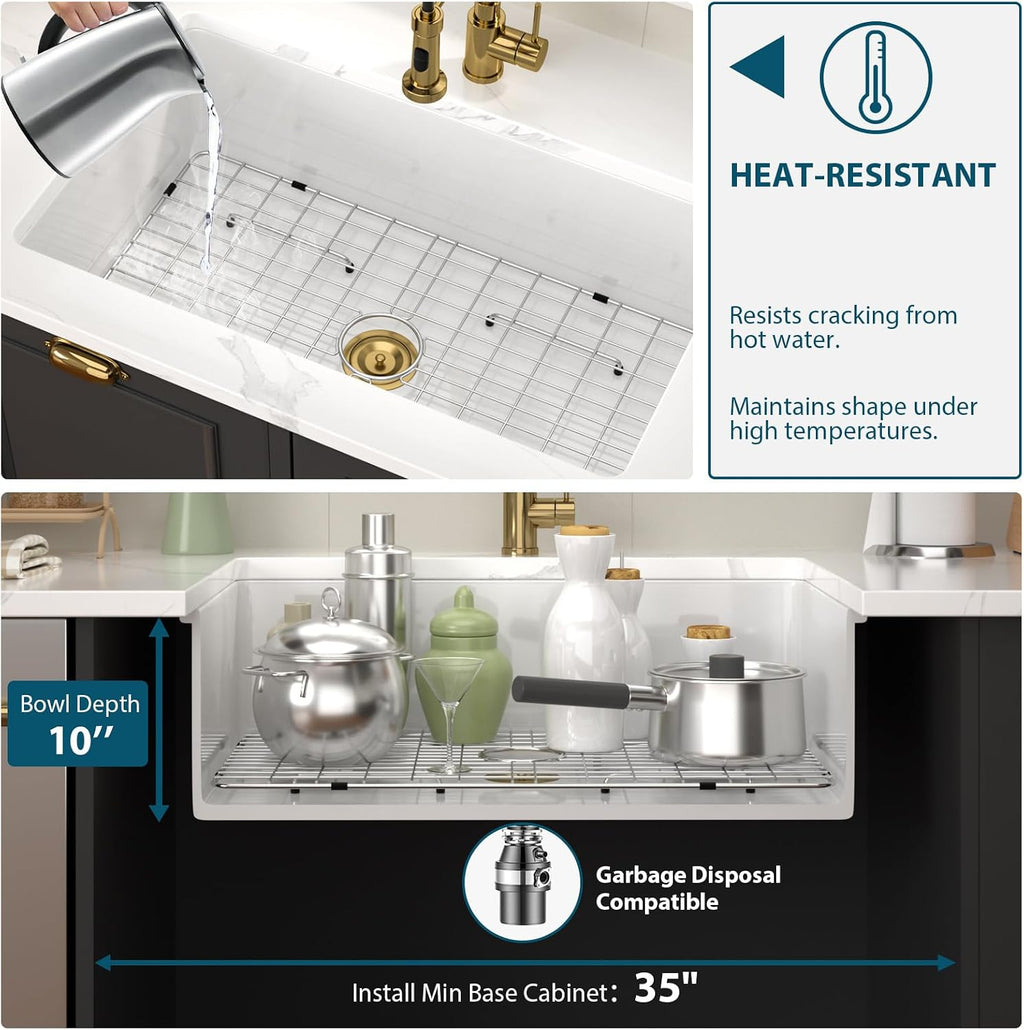 White Kitchen Sink 32 Inch Fireclay Porcelain White Undermount Kitchen Sink 32'x19'x10' Glossy White Single Bowl Sinks Basin