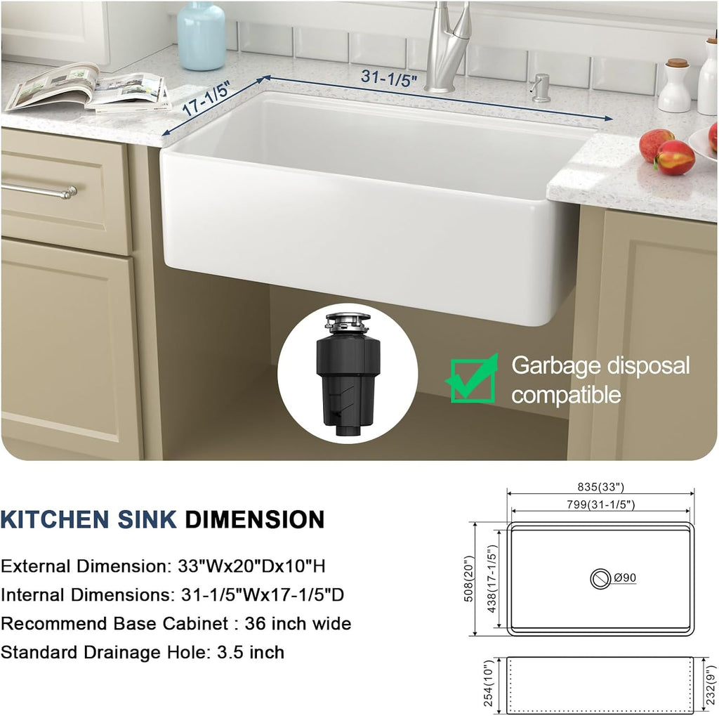 Lordear 33 Inch White Farmhouse Sink Workstation Apron Front Reversible Fireclay Porcelain Single Bowl Farmer Farm House Style Sinks 33x20x10