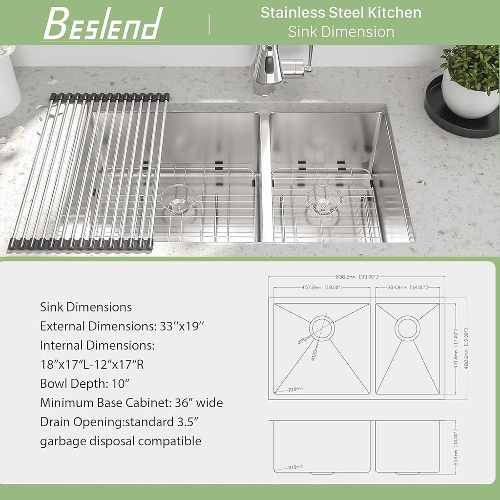 33 Undermount Double Bowl Kitchen Sink - Beslend 33x19x10 Inch Double Sink Stainless Steel Undermount Sinks 16 Gauge 60/40 Double Bowl Sinks