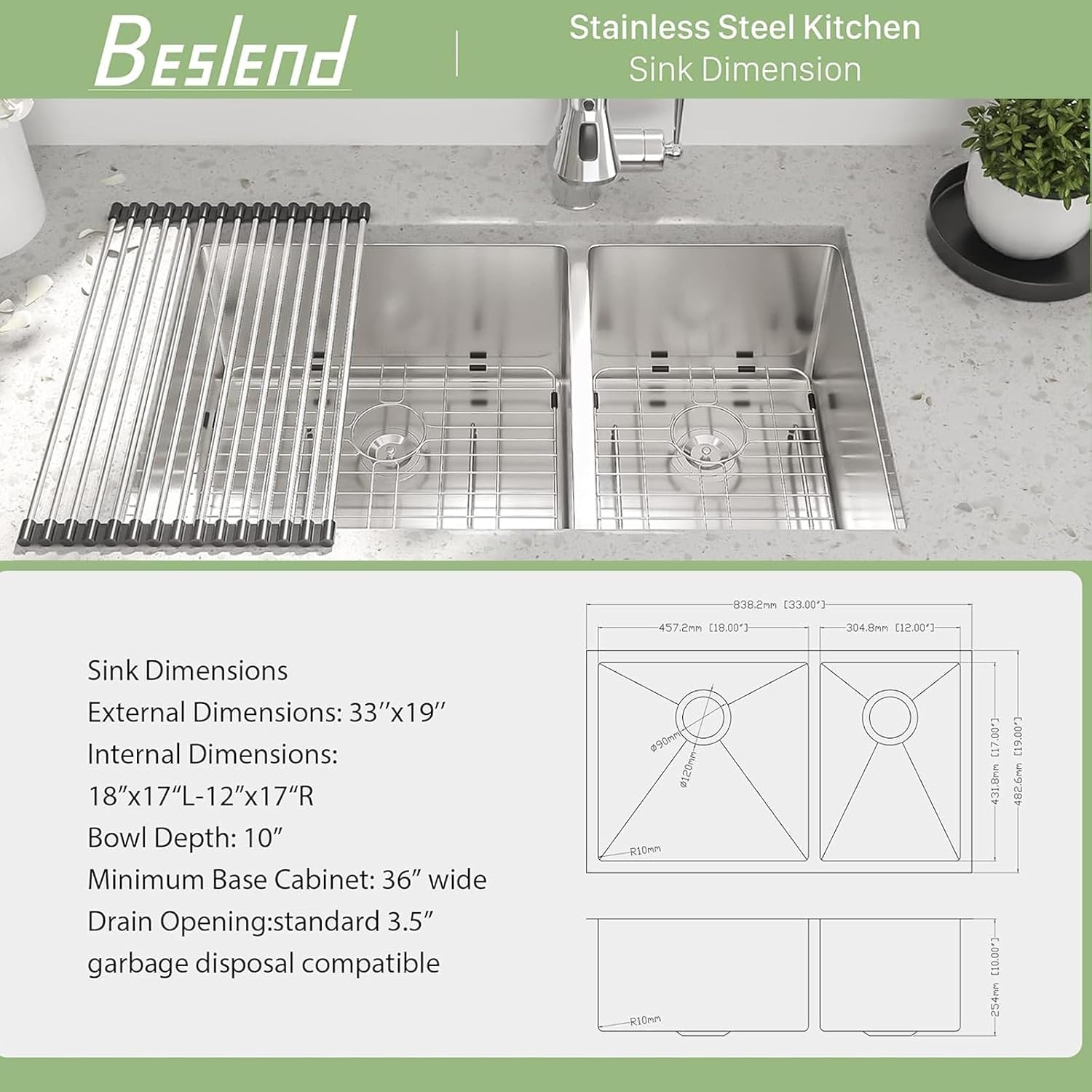 33 Undermount Double Bowl Kitchen Sink - Beslend 33x19x10 Inch Double Sink Stainless Steel Undermount Sinks 16 Gauge 60/40 Double Bowl Sinks