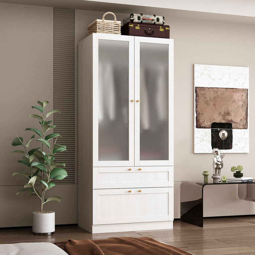 MOUMON Modern Wardrobe with Drawers, Bedroom Armoires with Frosted Glass Doors and Hanging Rod, Armoire Wardrobe Closet with Gold Knobs, Wood Grain 31.5' W x 19.9' D x 70.9' H