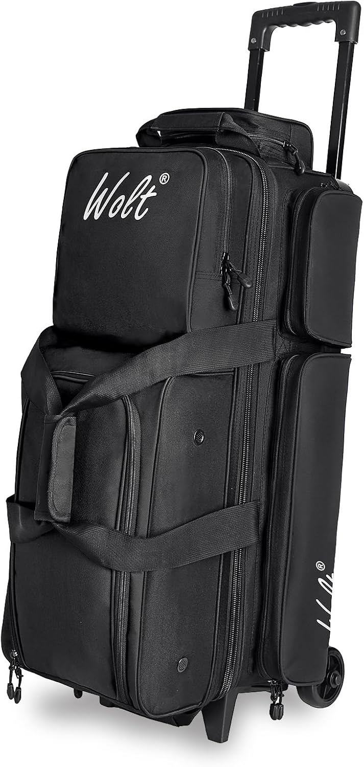 WOLT 3 Ball Bowling Bags with Wheels,Bowling Ball Bag 3 Ball Roller with Separate Shoe Compartment and Accessory Pocket, Retractable Handle Extends to 38''