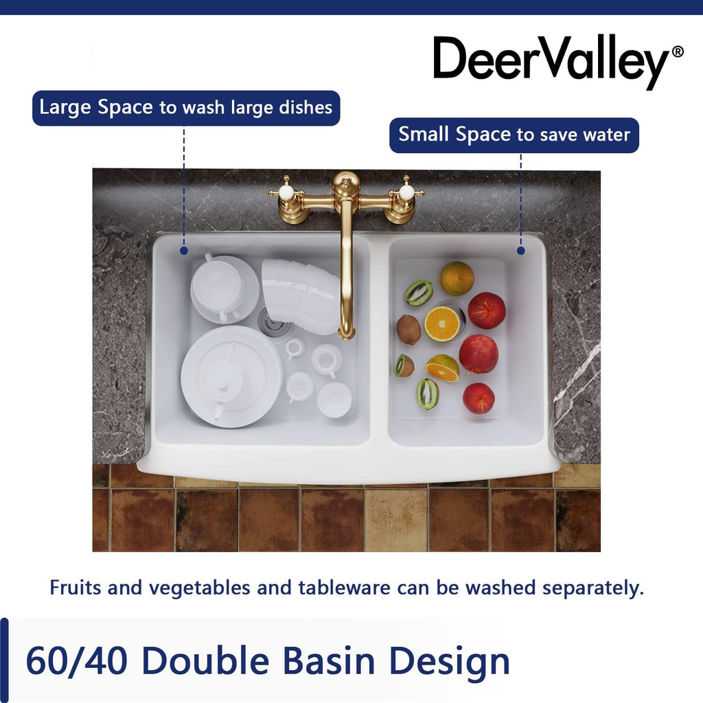 DeerValley Double Bowl White Kichen Sink 33 inch, Ceramic Apron Front Farmhouse Sink, Deep Drop-in Fireclay Undermount Large Sinks with Grid & Strainer