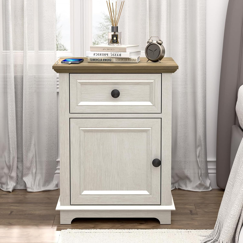 REDAYFUR End Table with Charging Station, Fast Charge, End Table with Drawer, Big Storage Side Table for Living Room/Bedroom, White