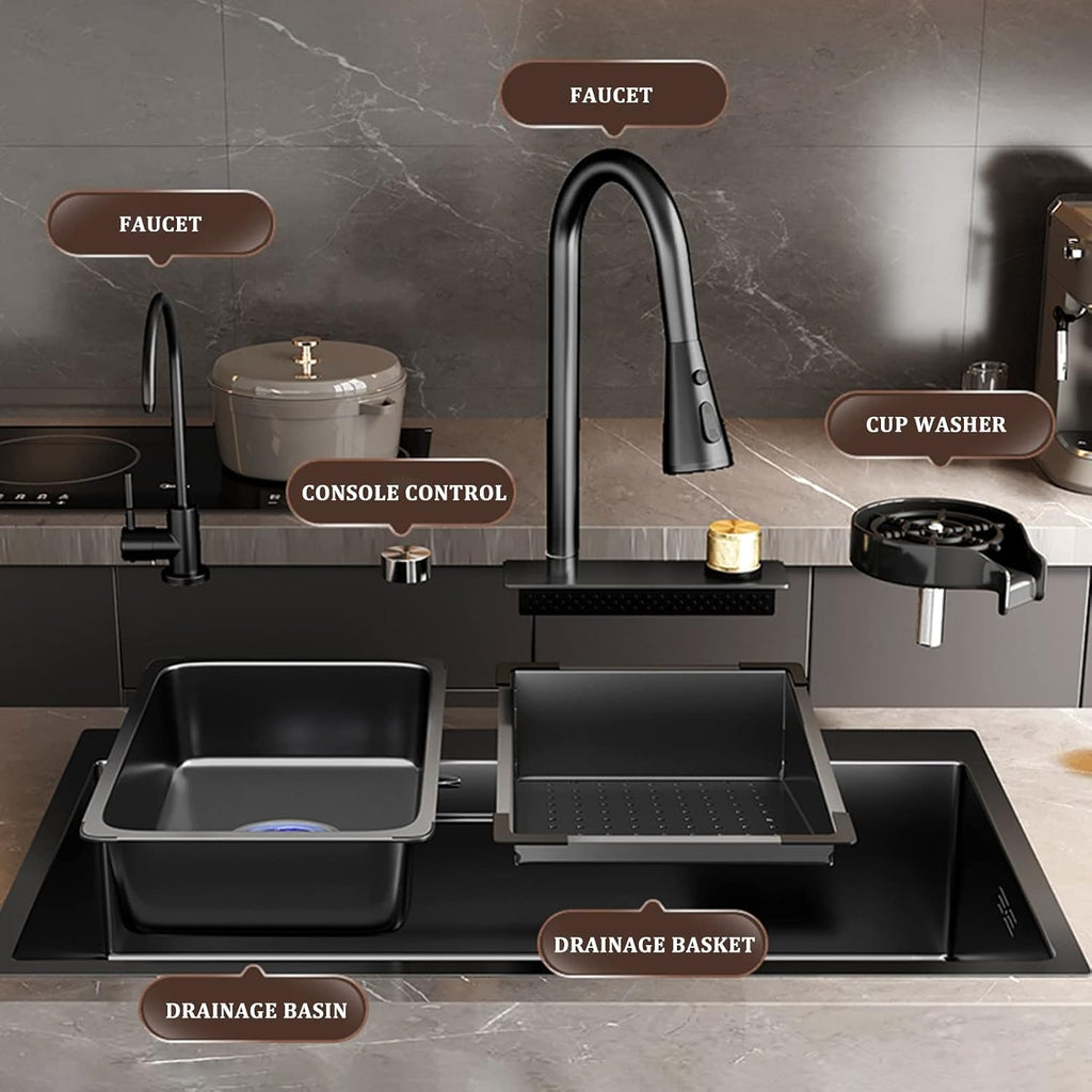 Black Nano Single Bowl Kitchen Sink 304 Stainless Steel Waterfall Bar Sink Multi-Function Rv Sink with Pull-Out Faucet and Cup Washer Drop in Or Under Mount(Black-60x45x21cm