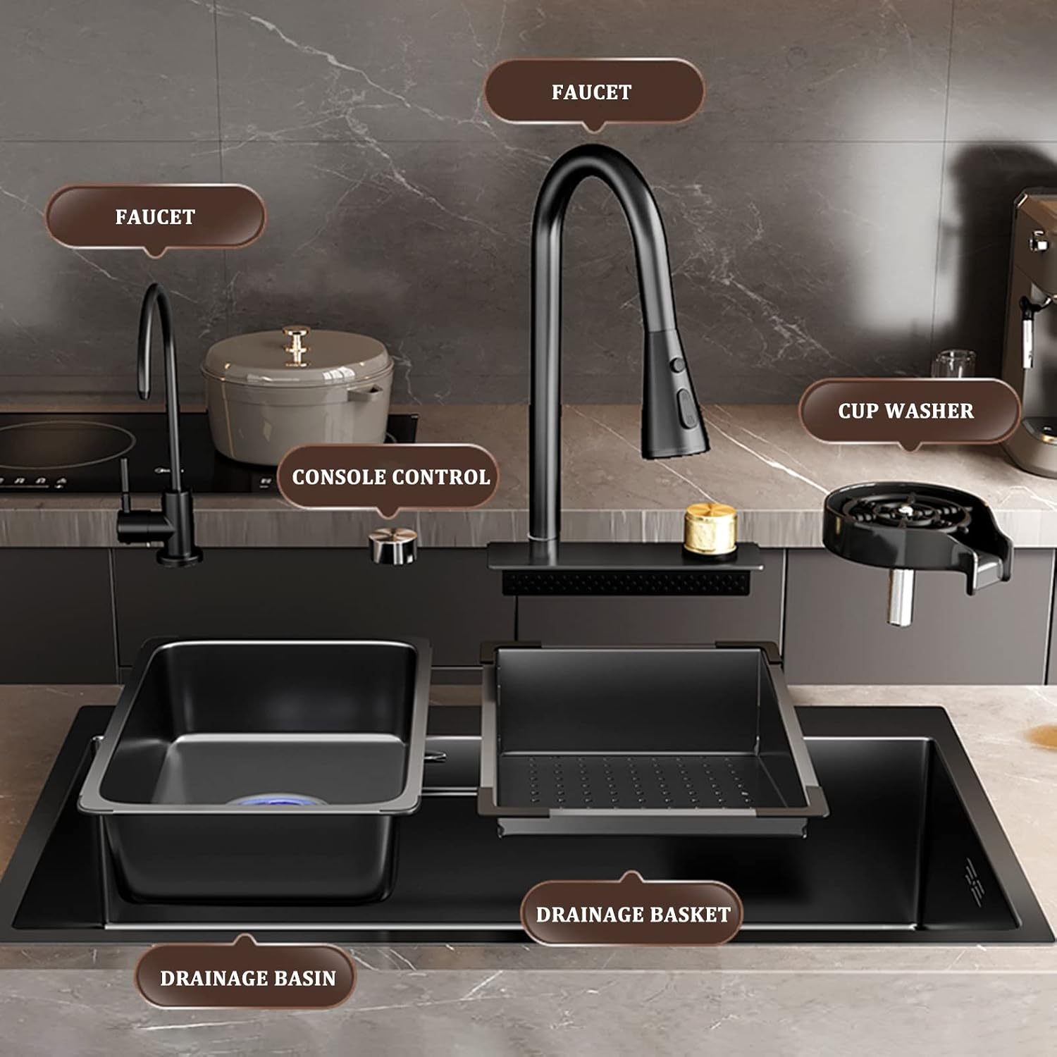 Black Single Bowl Kitchen Sink 304 Stainless Steel Waterfall Bar Sink Multi-Function Rv Sink with Pull-Out Faucet and Cup Washer Drop in Or Under Mount (Color : Black, Size : 68x45x21cm