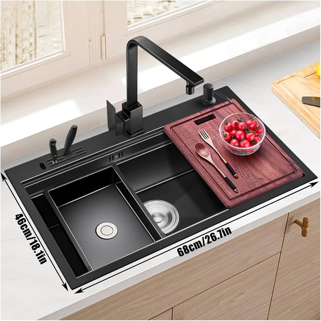 304 Stainless Steel Kitchen Sink Black Nano Wash Basin Single Bowl Bar Sinks with Square Faucet & Sink Accessories Drop-in Or Undermount (Color : Black, Size : 68x46x21cm) (Black 68x46x21cm)
