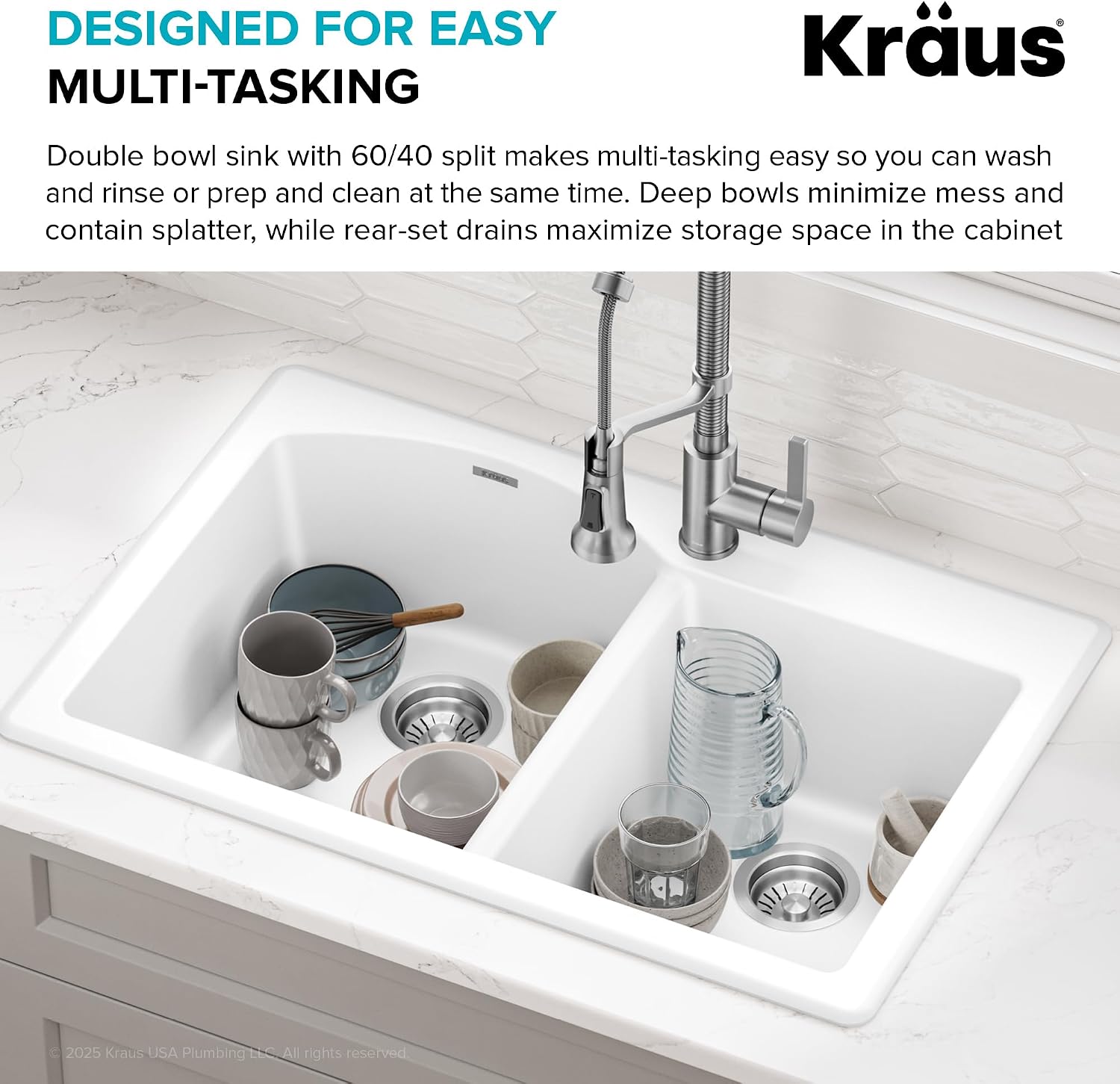 KRAUS Forteza 33-inch Granite Drop In/Undermount 60/40 Double Bowl White Kitchen Sink, KGD-50WHITE