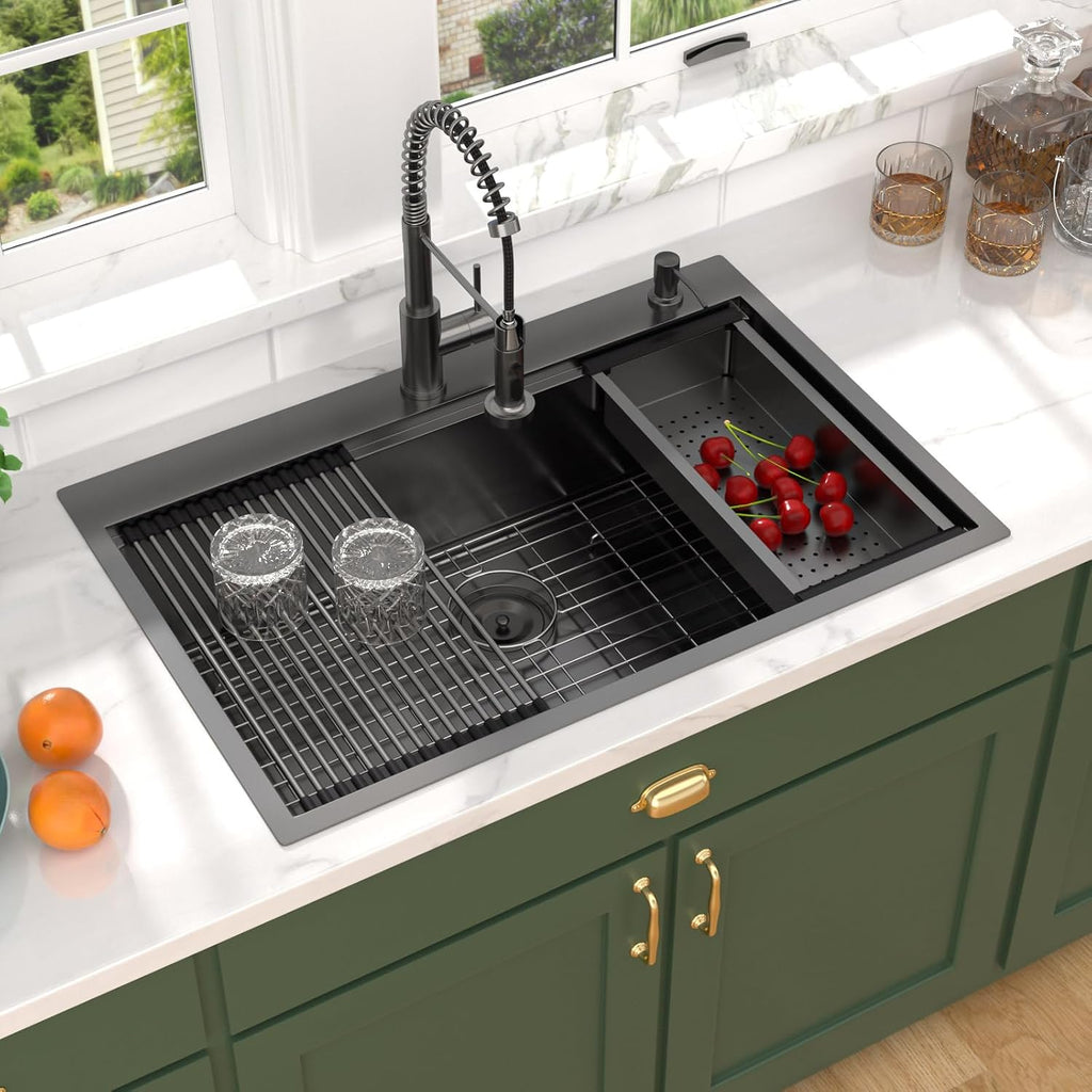 Drop In Kitchen Sink - 33x22 Drop In Gunmetal Black Kitchen Sink with Faucet Combo Workstation NANO-PVD 16 Gauge Stainless Steel Topmount Single Bowl Sinks Round Corners #TL-FDOE00097