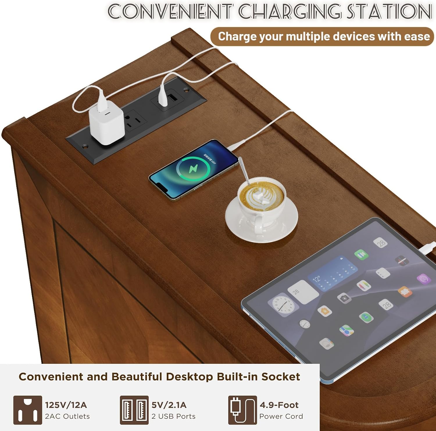 End Tables Living Room, Wood Sofa Side Table with Charging Station,Vintage Narrow Nightstand with 2 Drawers,Couch Accent Tables for Small Spaces,Bedroom, Fully Assembled,Brown