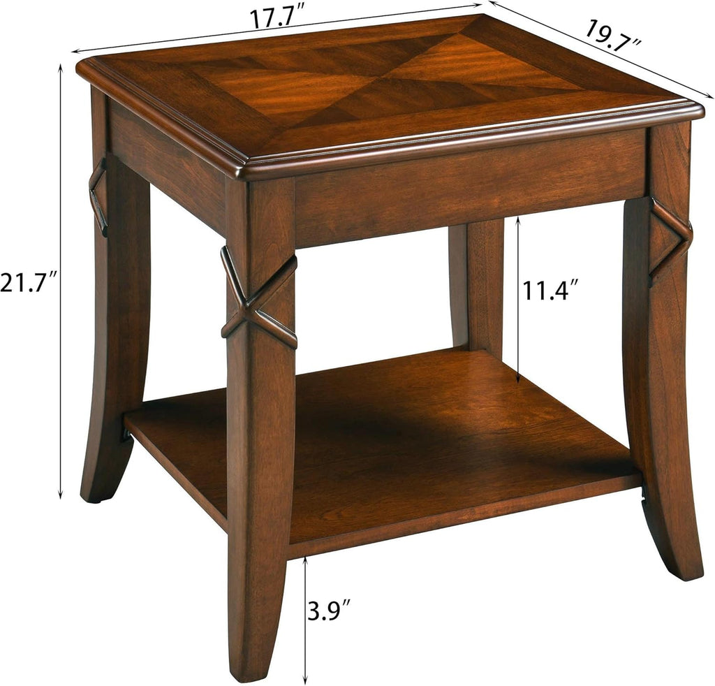 Solid Wood Side Table with Storage Shelf, Cherry Wood End Tables Living Room, Traditional Style End Table, Vintage Beside Table with Curved Legs for Apartment, Cherry Walnut Accent Table CJZ-DR200