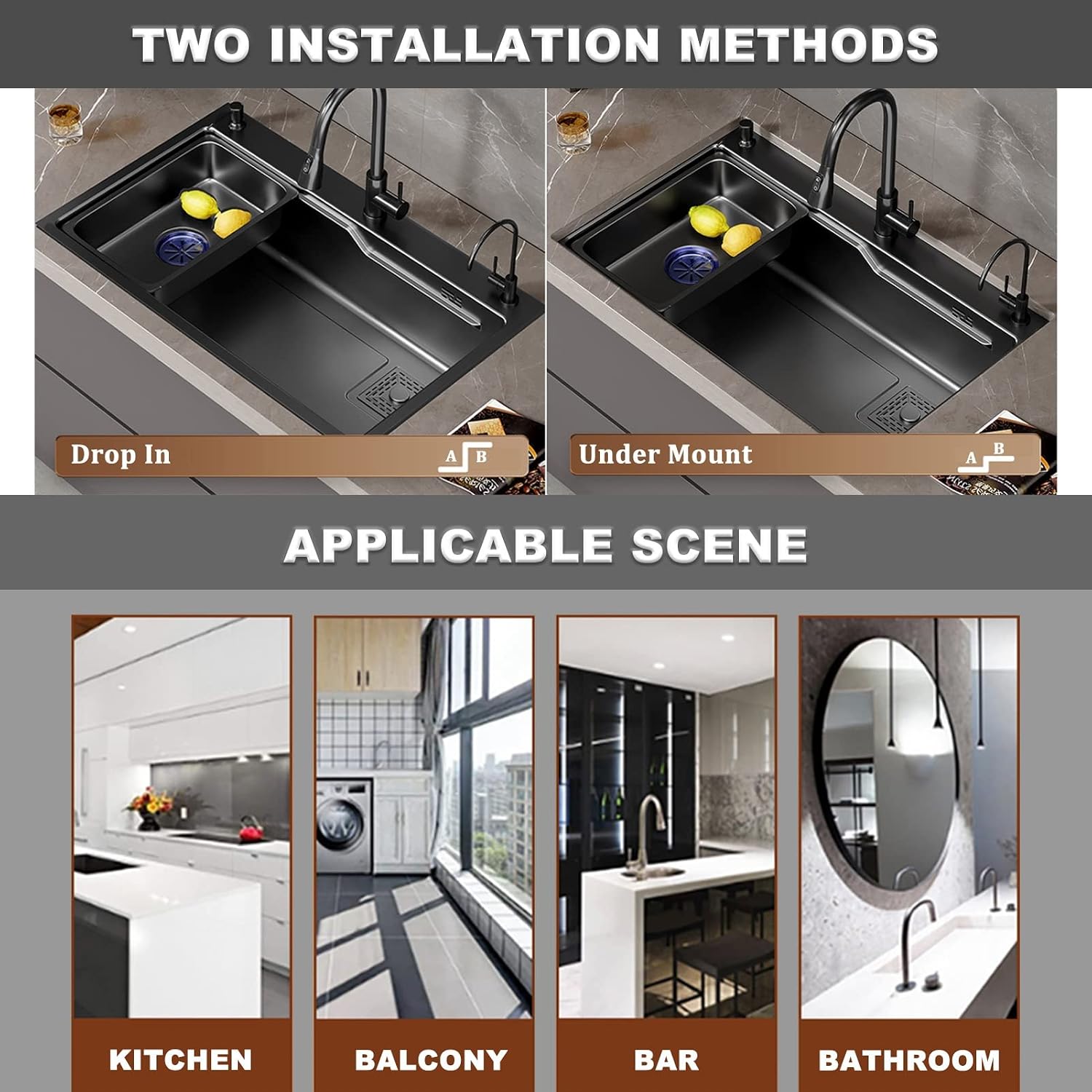 Black Single Bowl Kitchen Sink 304 Stainless Steel Kitchen Sink with Pull-Out Faucet and Drain Assembly Drop in Or Under Mount (Color : Black, Size : 75x45x21cm)