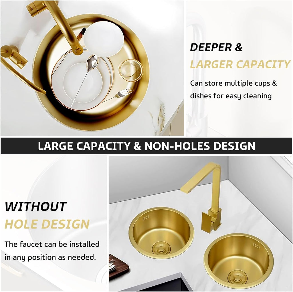 304 Stainless Steel Single Bowl Kitchen Sink, Drop-In/Undermount Workstation Sink With Drain, Handmade Small Wet Bar Sink For RV, Home, Office, Durable Washing Basin Pool(Gold,32x32x19cm)