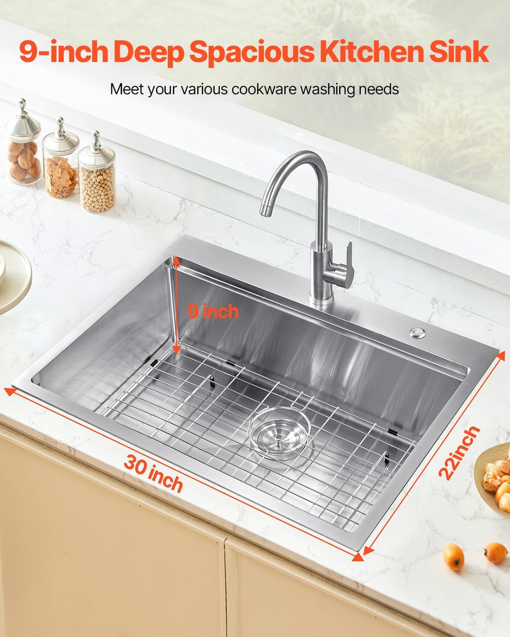 VEVOR Drop In Kitchen Sink 30 Inch Kitchen Sink Workstation, 304 Stainless Steel Top Mount Sinks, Drop-In Single Bowl with Ledge & Multiple Accessories Sink for RV, Prep Kitchen, Bar 30 x 22 x 9inch