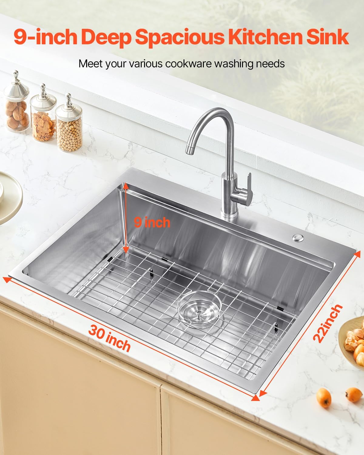 VEVOR Drop In Kitchen Sink 30 Inch Kitchen Sink Workstation, 304 Stainless Steel Top Mount Sinks, Drop-In Single Bowl with Ledge & Multiple Accessories Sink for RV, Prep Kitchen, Bar 30 x 22 x 9inch