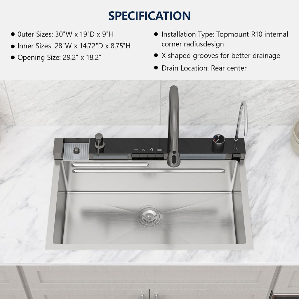 Logmey 30' Smart Dual Waterfall Sink with Digital Display,Water Purifier,Nano PVD Drop in Kitchen Sink with Faucet,16 Gauge Stainless Steel Sinks with Temperature Control Knob,5 Buttons,30x19x9