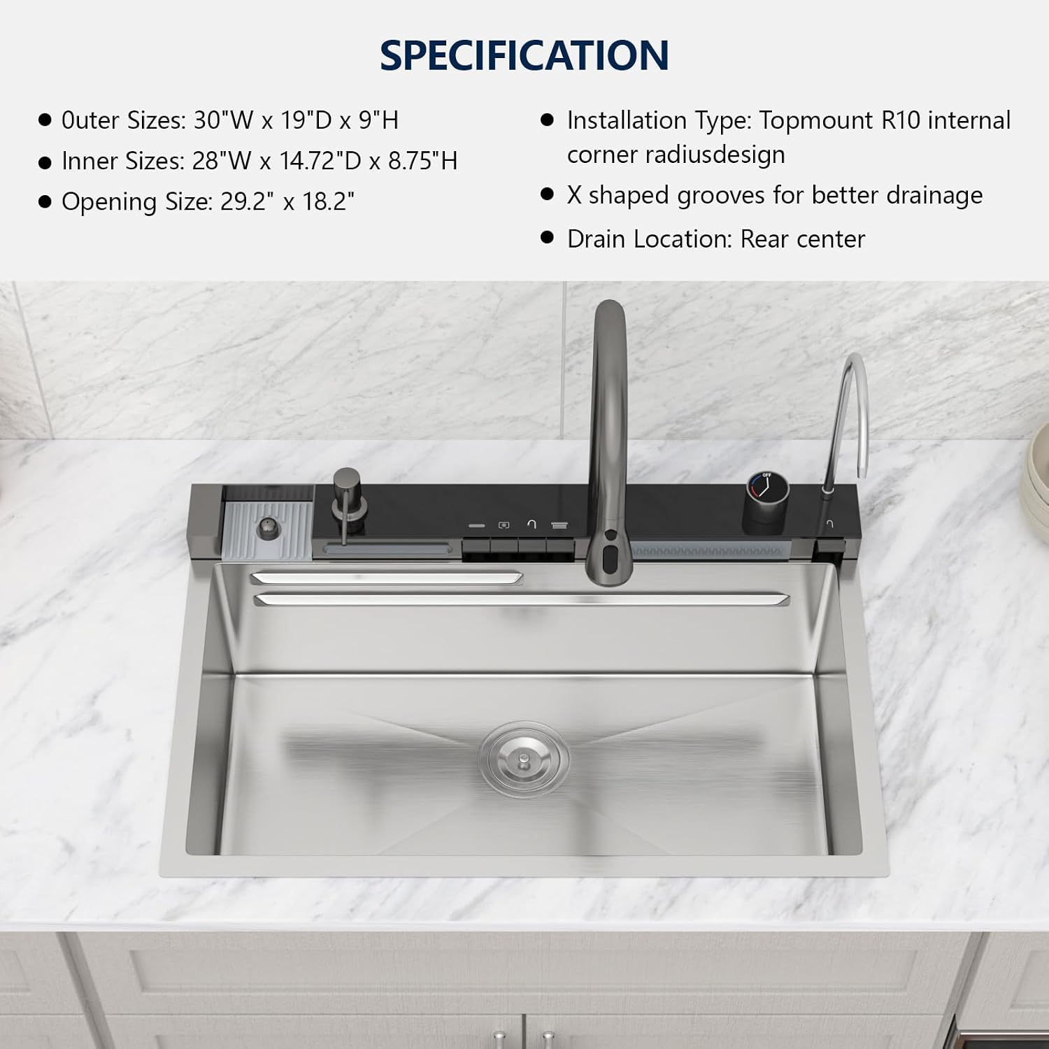 Logmey 30' Smart Dual Waterfall Sink with Digital Display,Water Purifier,Nano PVD Drop in Kitchen Sink with Faucet,16 Gauge Stainless Steel Sinks with Temperature Control Knob,5 Buttons,30x19x9