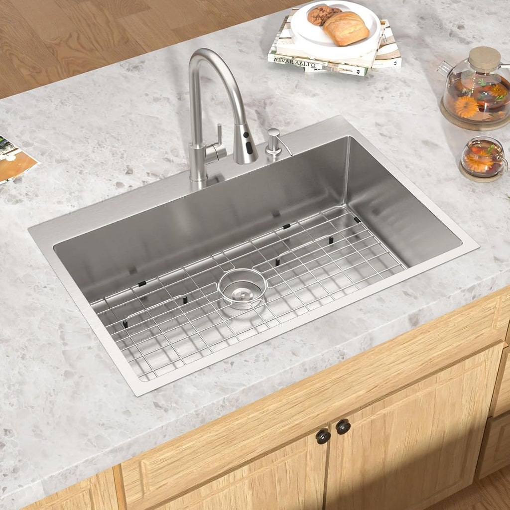 33x22 Drop in Kitchen Sink - 33 Inch 16 Gauge Stainless Steel Topmount Kitchen Sink Single Bowl Deep Over Counter Rectangular Sinks Basin Round Corners #TLT-0039