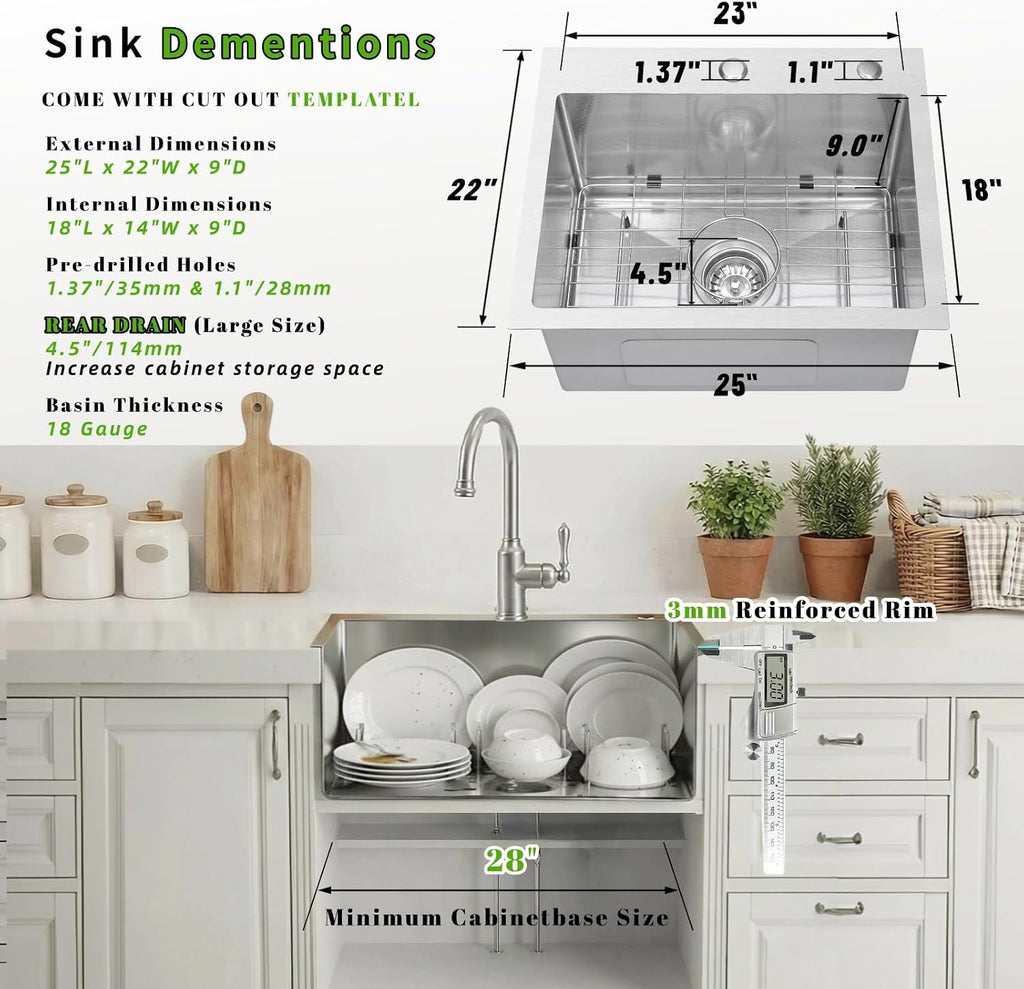 Drop In Kitchen Sink 25x22', 9' Basin Depth, 18 Gauge Stainless Steel Sink, 3D Embossed Surface Finish Top Mount with Accessories