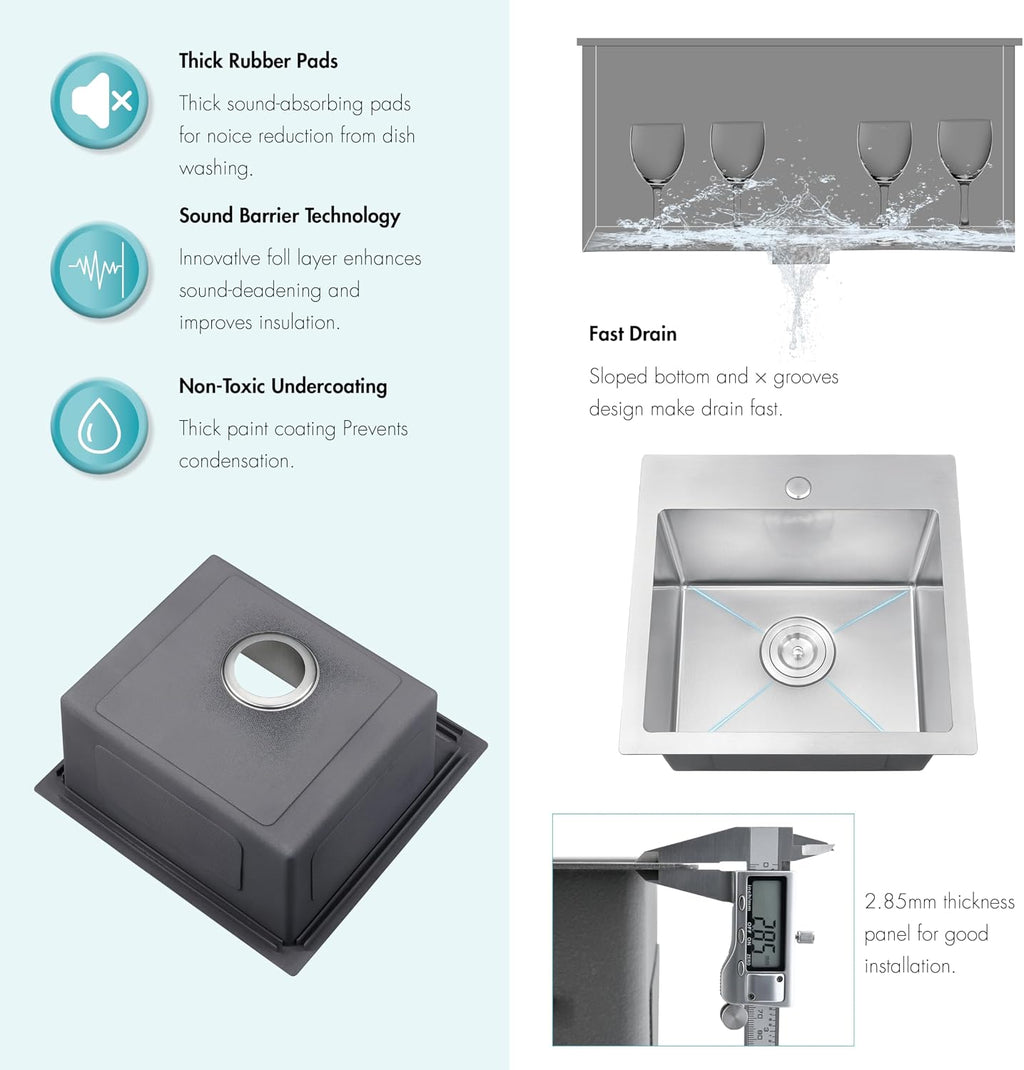 ATTOP 18 X 18 Inch Drop in Bar sink,9 inch deep Nano Coating Stainless Steel Topmount Single Bowl Sink Small Kitchen Basin