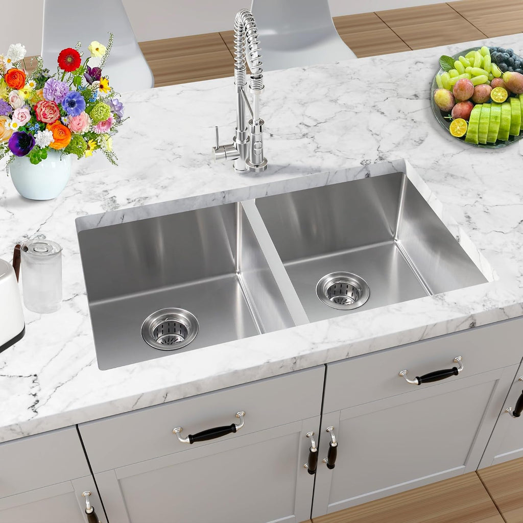 Rhbamoa Double Bowl Kitchen Sink Undermount 31 inch,16-Gauge T304 Undermount Kitchen Sink Stainless Steel,50/50 Stainless Steel Double Sinks with Accessories,Deep Sinks with Brushed Finish