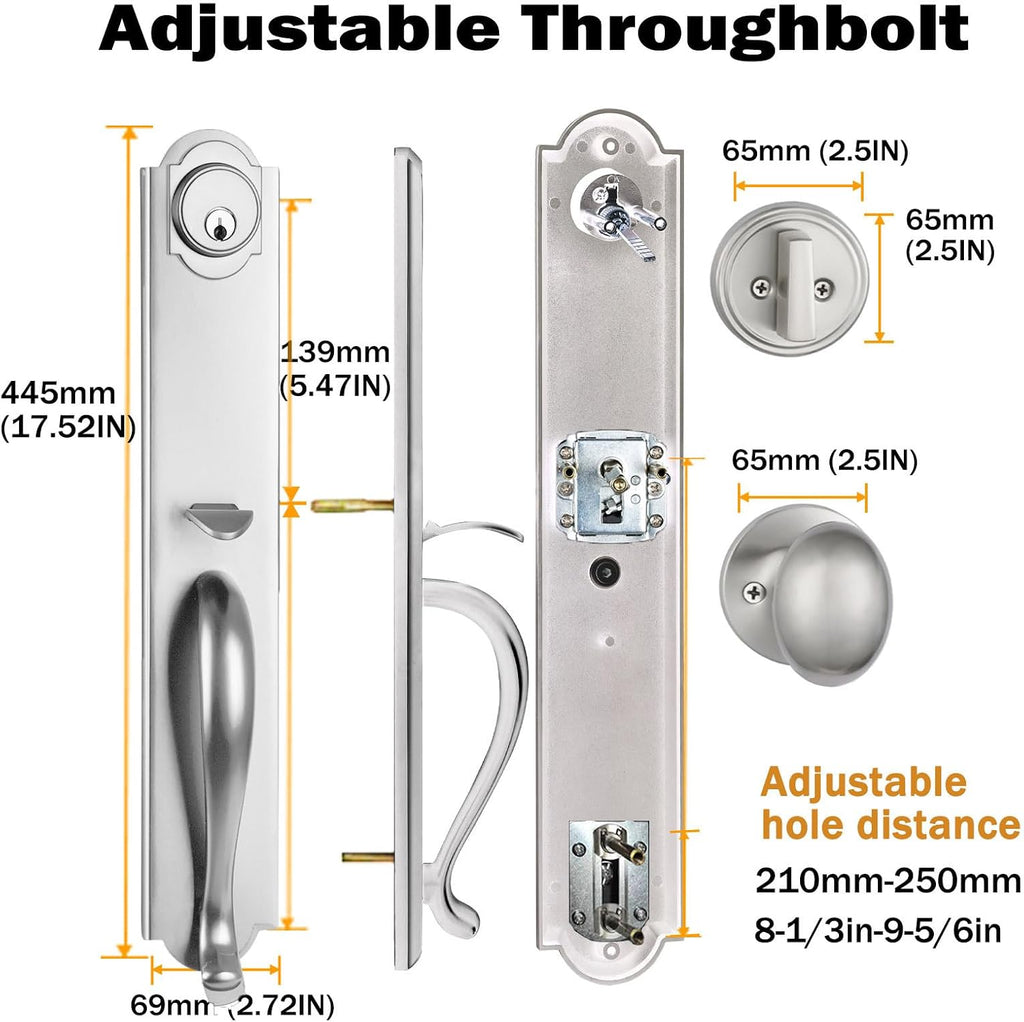 Double Door Handle Set for Front Door, Brushed Nickel Keyed&Dummy Exterior Door Lockset with Deadbolt, Reversible for Right&Left Handed