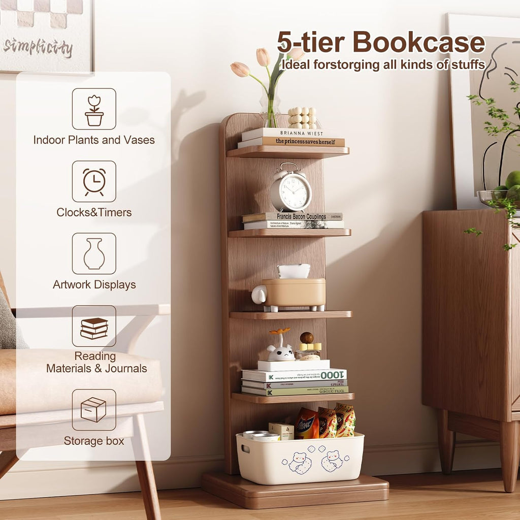 WoodsWhisper Solid Wood 5-Tier Narrow Bookshelf Small Spaces Open Storage | Solid Wood | Narrow Design | 5 Tier Storage | Anti-Tip | Easy Assembly