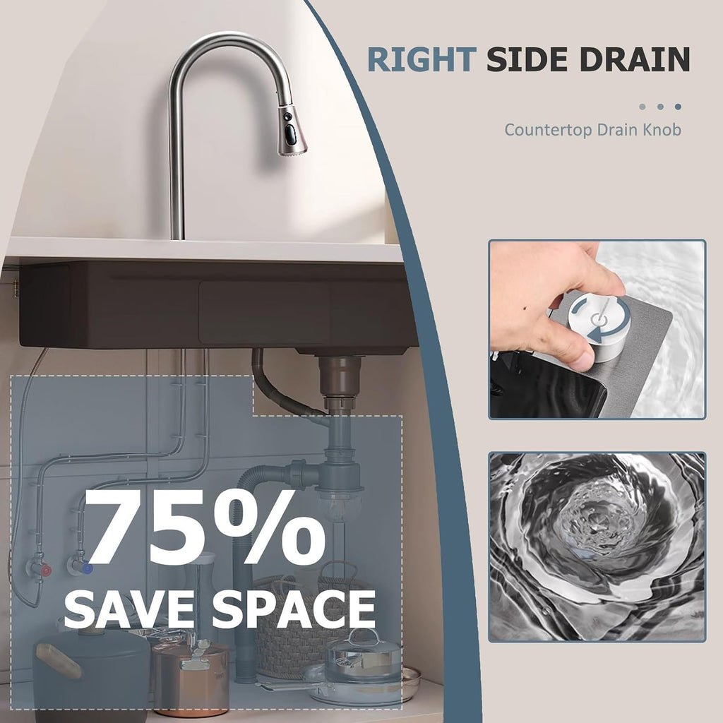 Single Bowl Kitchen Sink Stainless Steel Waterfall Sink with 3 in 1Pull-Out Tap, Chopping Board, and Cup Washer Multi-Functional Bar Sink Drop-in Or Undermount Installation(68x46cm)