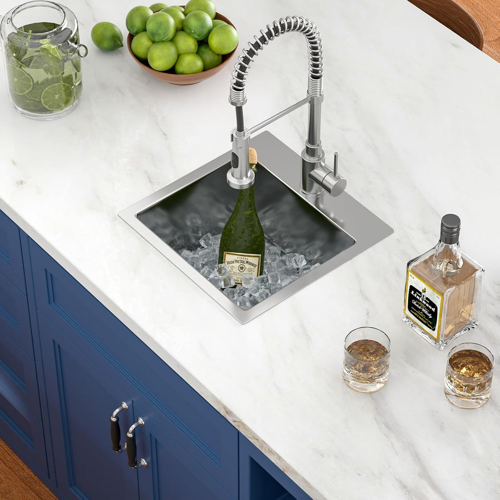 15'x 15' Drop In Bar Sink 16 Gauge Stainless Steel Handmade Contemporary Single Bowl Square Kitchen Sink Bar Prep RV Kitchen Sink Basin