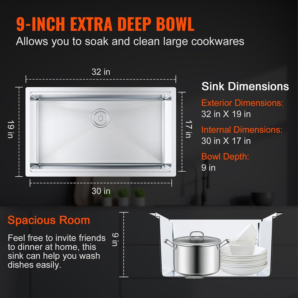 VEVOR 32 inch Kitchen Single Sink, 304 Stainless Steel Undermount Sink Drop-In Single Bowl Farmhouse Basin with Ledge & Multiple Accessories, Household Dishwasher Sinks for Prep Kitchen, Bar 32'*19'