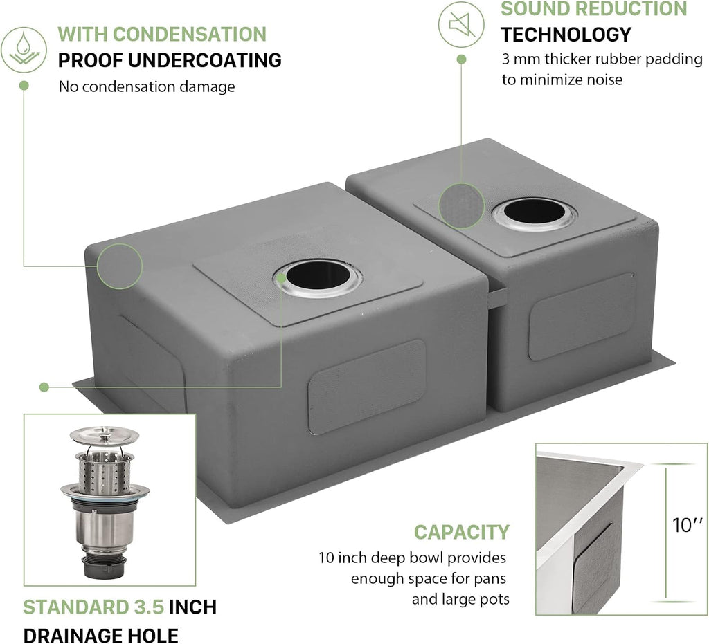 33 Undermount Double Bowl Kitchen Sink - Beslend 33x19x10 Inch Double Sink Stainless Steel Undermount Sinks 16 Gauge 60/40 Double Bowl Sinks