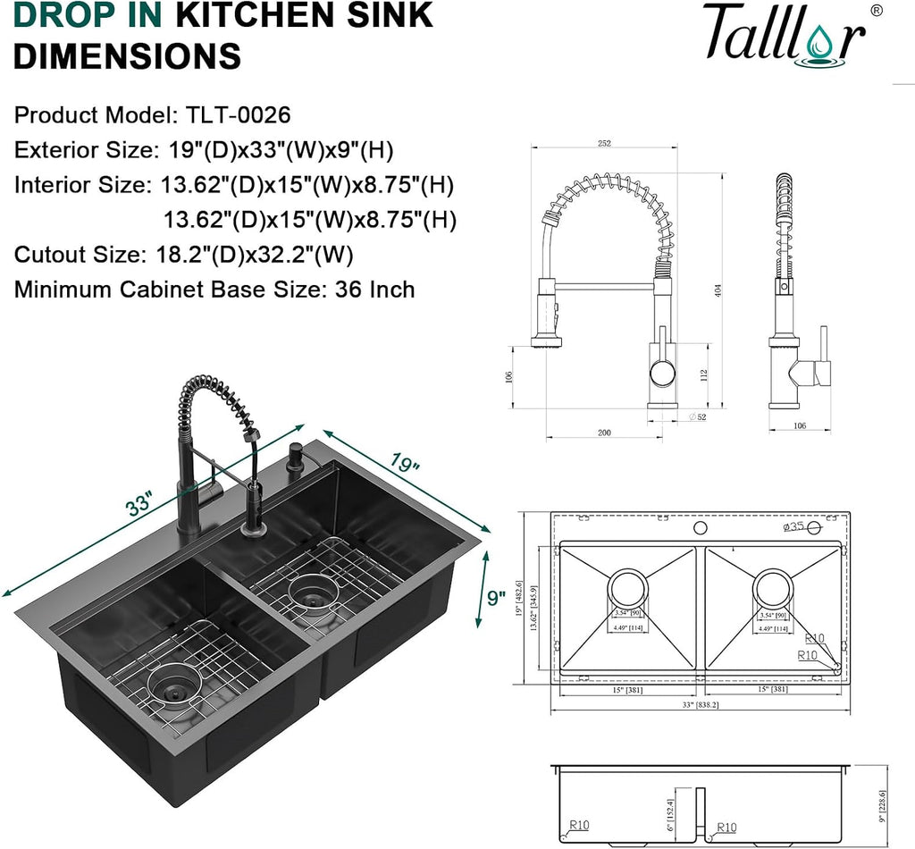 33 Double Bowl Kitchen Sinks with Faucet - 33x19 Drop In Workstation Black Kitchen Sink, Topmount Stainless Steel 16 Gauge Double Bowl 50/50 Split Handmade Sinks Round Corner #TLT-0026