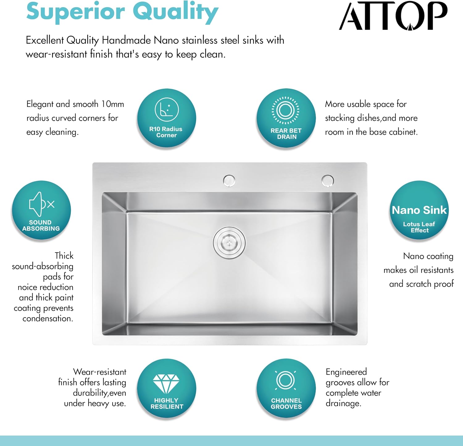 ATTOP 33 Inch Large Single Bowl Drop in Kitchen Sink,Nano Coating Stainless Steel Handmade Single Bowl Topmount Kitchen Sink