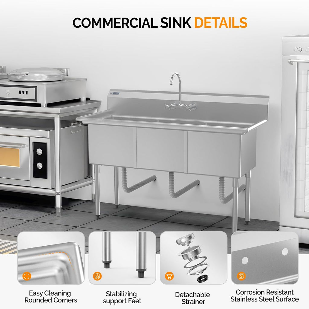 ROVSUN NSF Commercial 3 Bowl Kitchen Sink, 304 Stainless Steel, Free Standing Utility Sink for Kitchen, Laundry Room, Garage, Restaurant