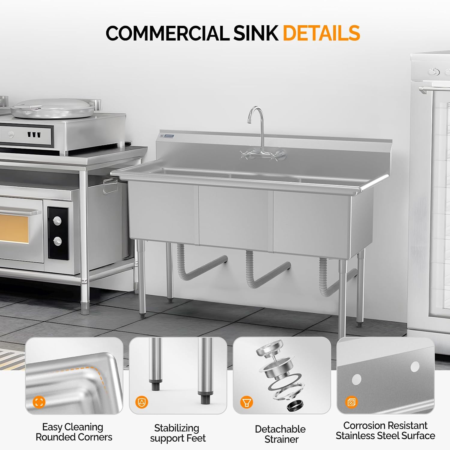 ROVSUN NSF Commercial 3 Bowl Kitchen Sink, 304 Stainless Steel, Free Standing Utility Sink for Kitchen, Laundry Room, Garage, Restaurant