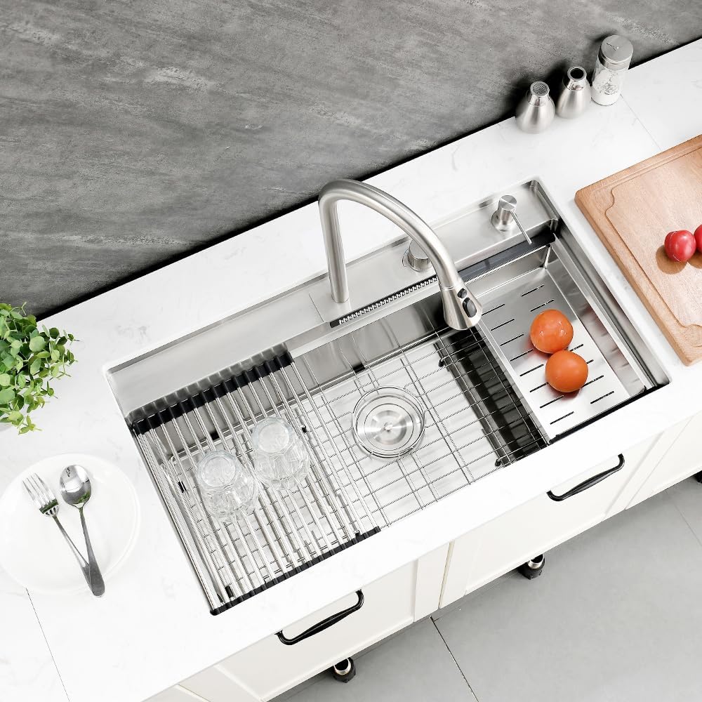 33 Inch Undermount Waterfall Kitchen Sink, 33x19 Undermount Kitchen Sink Stainless Steel Kitchen Sink with Faucet 16 Gauge Single Bowl Multifunctional Kitchen Sink