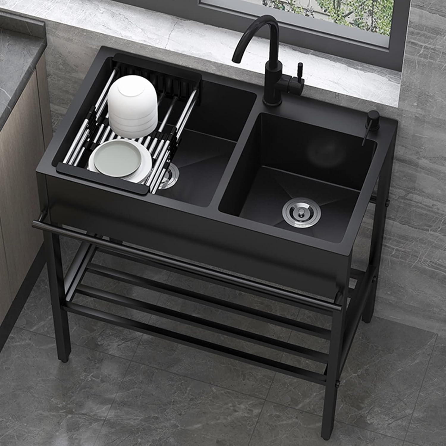 Utility Sink Single Bowl Stainless Steel Commercial Kitchen Sink, Set with Faucet, Storage Rack Indoor Outdoor, for Garage, Dining Room, Kitchen, Laundry (Size : with Faucet) (with Faucet)