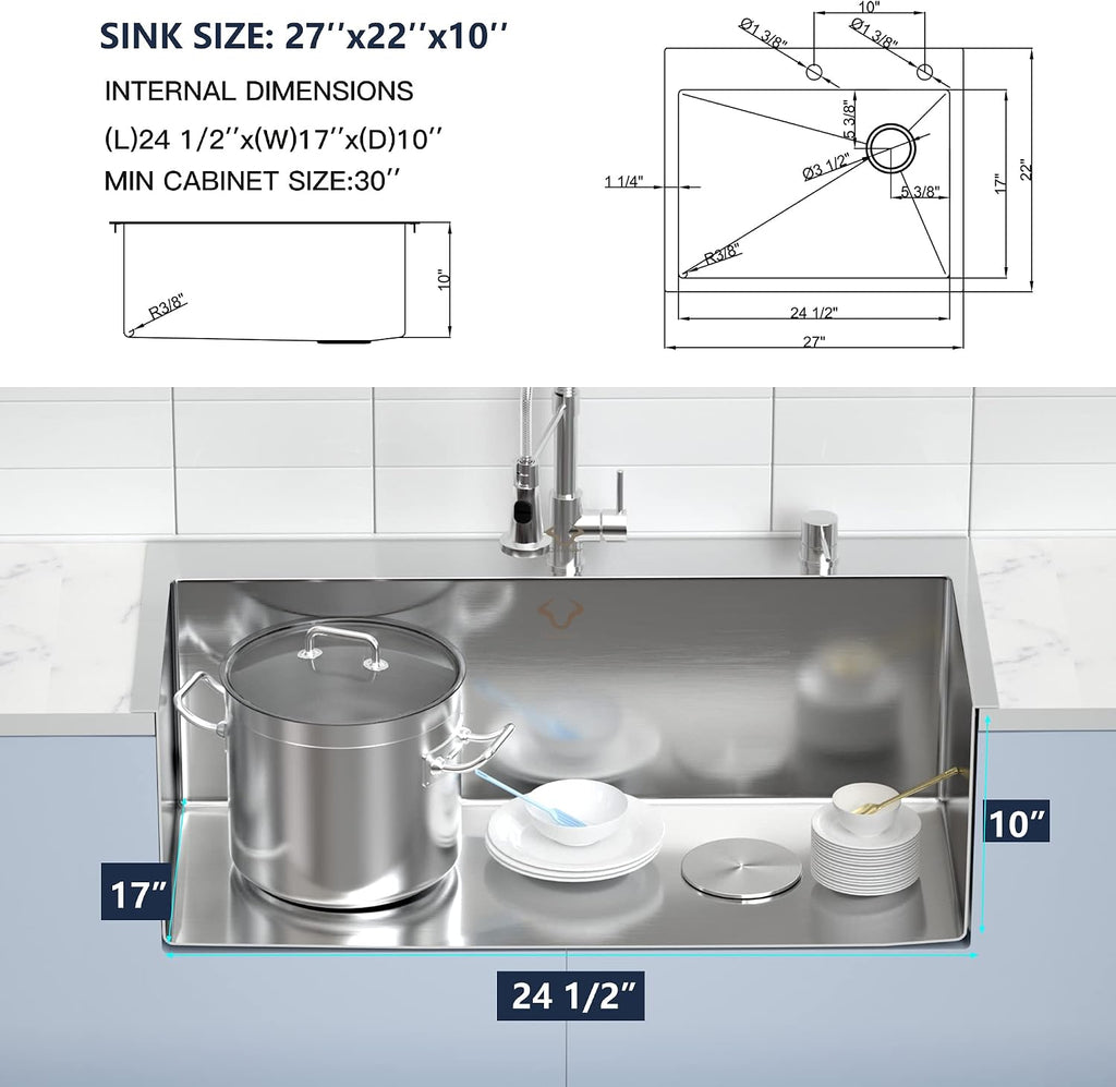Kitchen Sink 27 x 22 inch Drop-In Top Mount 16 Gauge Tight Radius Single Bowl 2-Hole Stainless Steel Kitchen Sink and Accessories (Pack of 4)