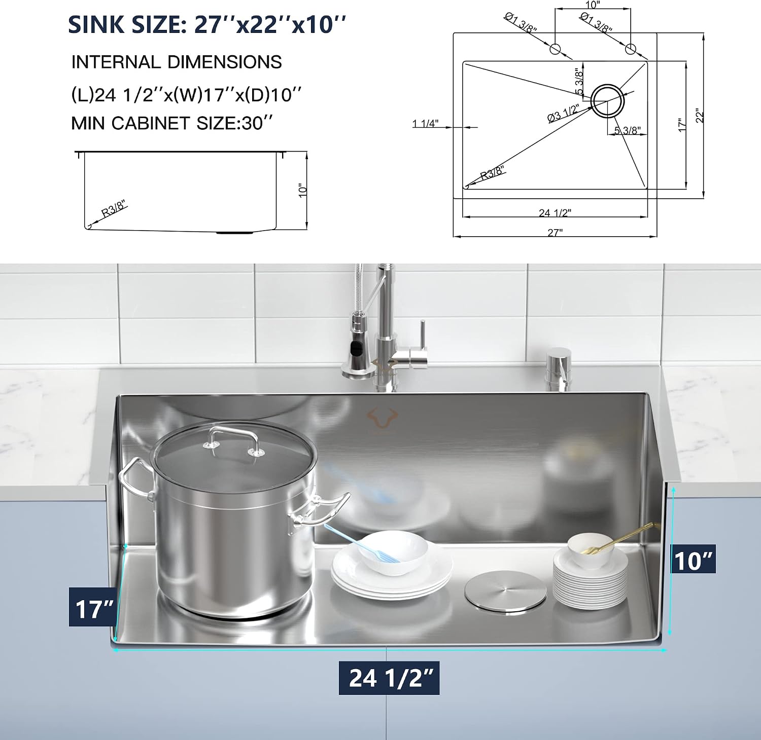 Kitchen Sink 27 x 22 inch Drop-In Top Mount 16 Gauge Tight Radius Single Bowl 2-Hole Stainless Steel Kitchen Sink and Accessories (Pack of 4)