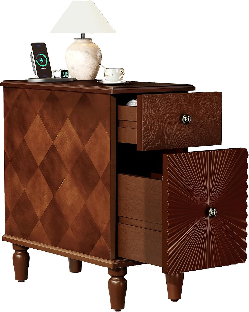 2-Drawer Modern Sofa Side Table with Charging Station, USB & AC Ports, Slim Nightstand for Living Room or Bedroom, Sturdy Rubber Wood Frame, Easy Assembly, Walnut Finish