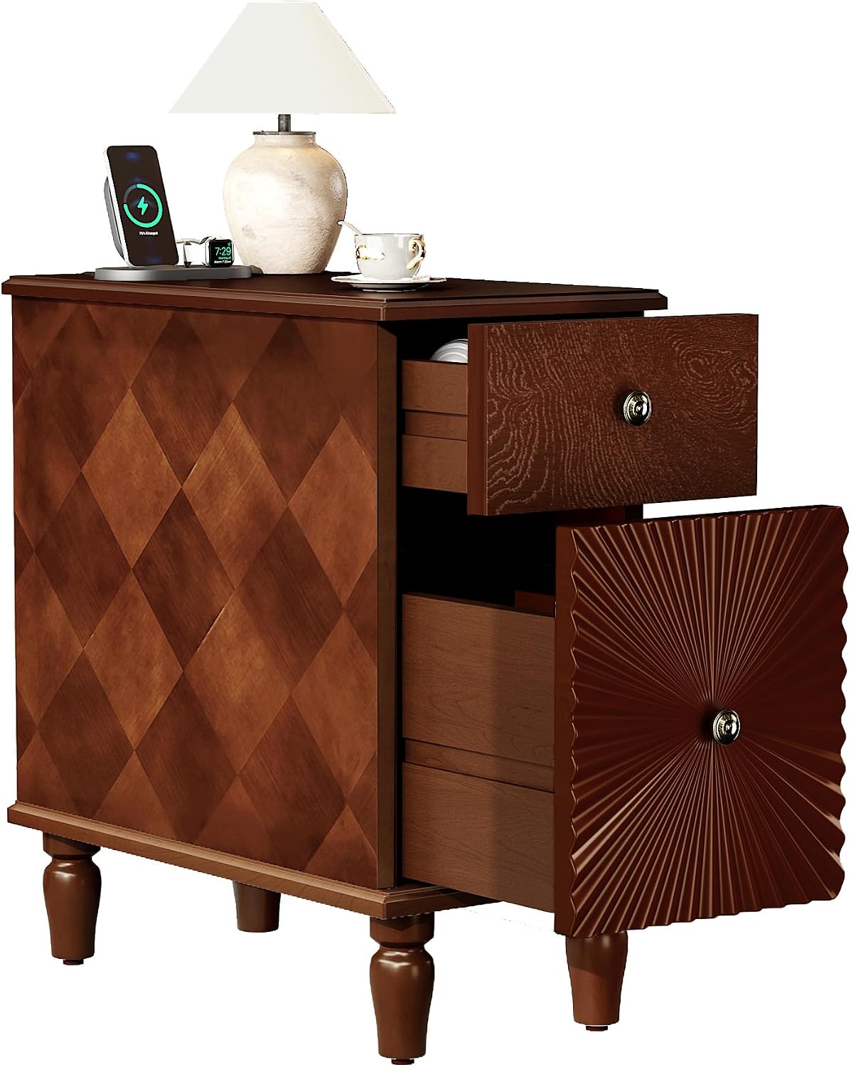2-Drawer Modern Sofa Side Table with Charging Station, USB & AC Ports, Slim Nightstand for Living Room or Bedroom, Sturdy Rubber Wood Frame, Easy Assembly, Walnut Finish